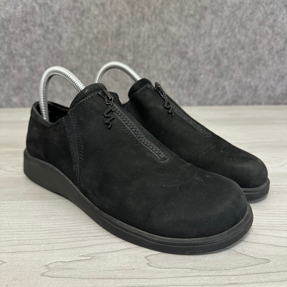 Ecco Slip‎ On Shoes Womens 39 US 8-8.5 Black Nubuck Leather Front Zip Loafers